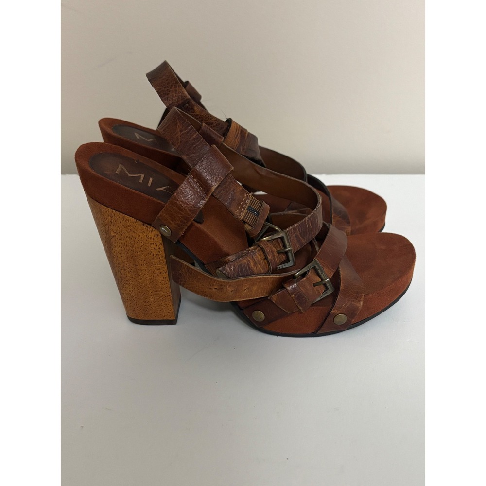 MIA Brown Distressed Leather Strappy Platform Block Wood Heel Sandals Womens 7